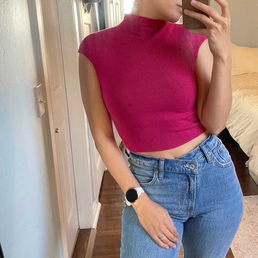 Le Lis Magenta Mock Neck Crop Sweater